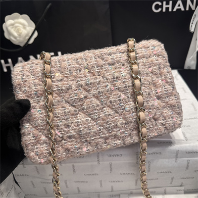 Cha.nel Mini Classic Flap Bag Tweed With Sequin Gold Tone Metal Pink