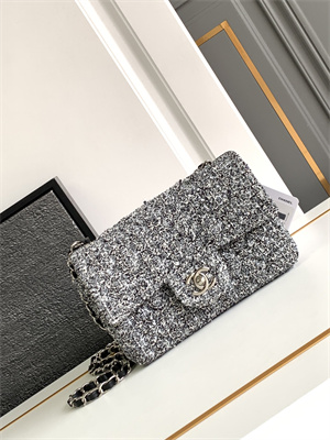 Cha.nel Mini Classic Flap Bag Tweed Gold Tone Metal Grey