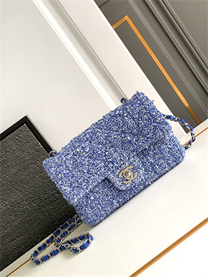 Cha.nel Mini Classic Flap Bag Tweed Gold Tone Metal Blue