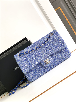 Cha.nel Medium Classic Flap Bag Tweed Gold Tone Metal Blue