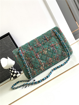 Cha.nel Medium Classic Flap Bag Tweed Gold Tone Metal Green