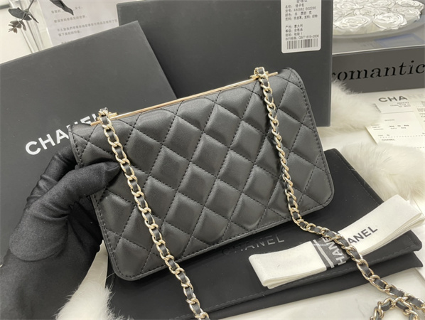 Cha.nel Trendy CC Wallet On Chain Lambskin Gold Tone Metal In Black A80982