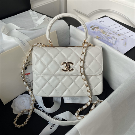 Cha.nel Trendy CC Mini Flap Bag With Top Handle Lambskin Gold Tone Metal White AS4654