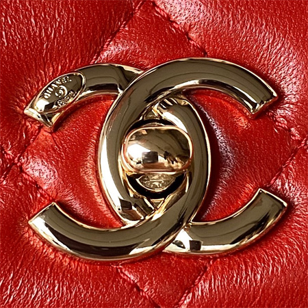 Cha.nel Trendy CC Mini Flap Bag With Top Handle Lambskin Gold Tone Metal Red AS4654