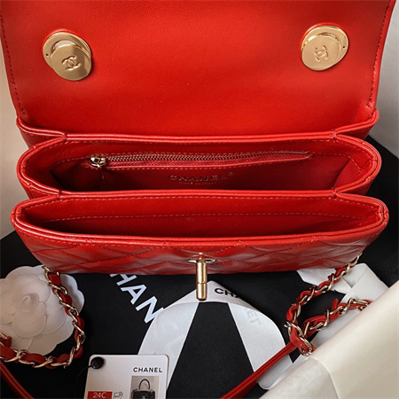 Cha.nel Trendy CC Mini Flap Bag With Top Handle Lambskin Gold Tone Metal Red AS4654