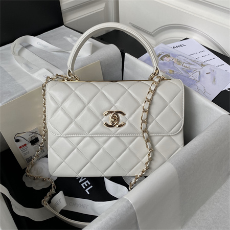 Cha.nel Trendy CC Flap Bag With Top Handle Lambskin Gold Tone Metal White A92236