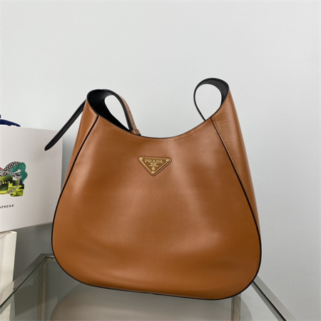 Prada Large leather shoulder bag with topstitching Brown 1BC181