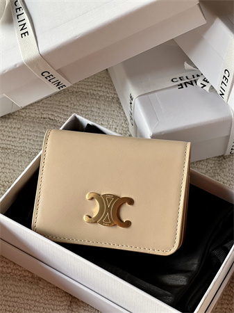 Celine TRIOMPHE COMPACT WALLET in Shiny calfskin Beige
