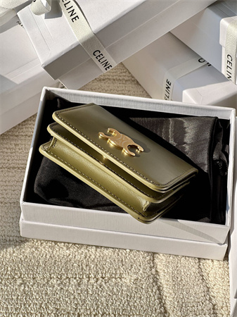 Celine TRIOMPHE COMPACT WALLET in Shiny calfskin Kaki Green
