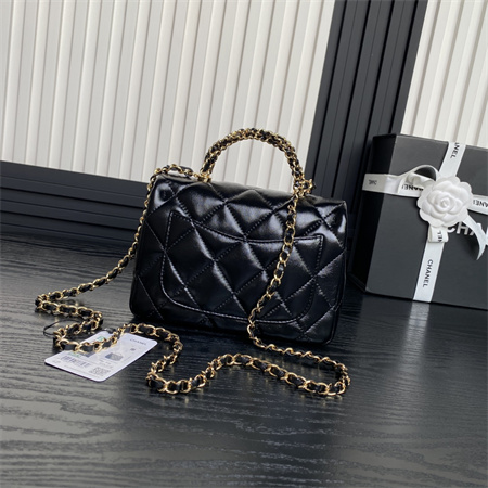 Chanel Mini Flap Bag with Top Handle Shiny Lambskin & Gold-Tone Metal Black AS5032