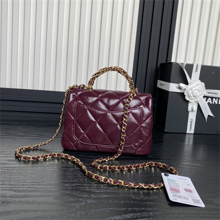 Chanel Mini Flap Bag with Top Handle Shiny Lambskin & Gold-Tone Metal Burgundy AS5032