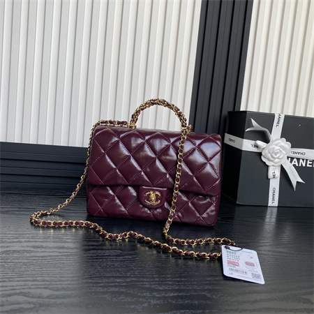 Chanel Mini Flap Bag with Top Handle Shiny Lambskin & Gold-Tone Metal Burgundy AS5043