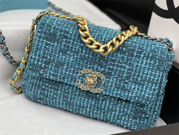Chanel 19 Bag Tweed Gold Tone Blue AS1160