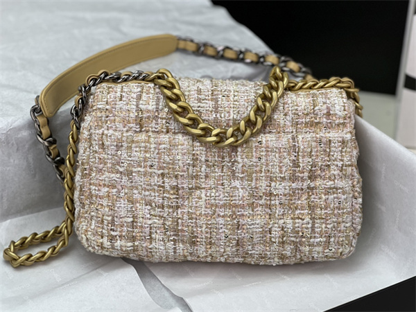 Chanel 19 Bag Tweed Gold Tone Beige AS1160