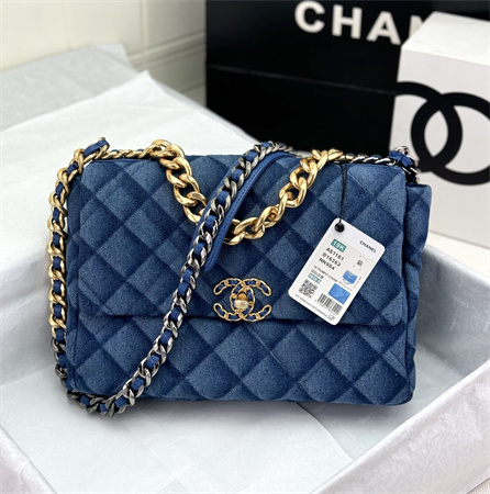 Large Chanel 19 Bag Denim Fabric Gold Tone AS1161