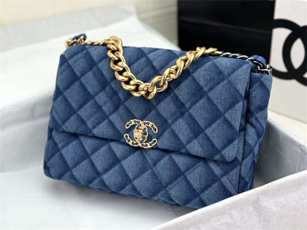Large Chanel 19 Bag Denim Fabric Gold Tone AS1161