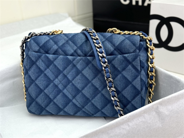 Large Chanel 19 Bag Denim Fabric Gold Tone AS1161