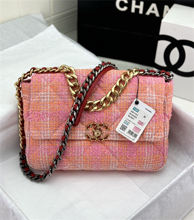 Large Chanel 19 Bag Tweed Gold Tone Pink AS1161