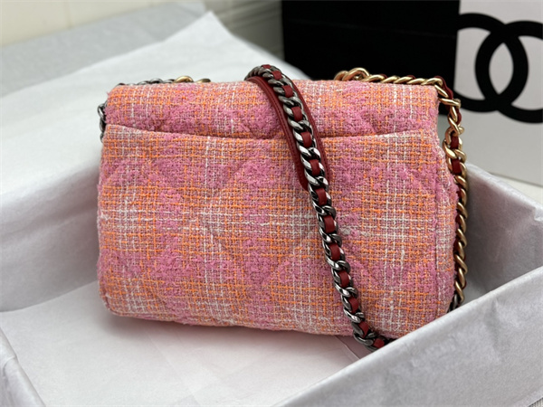 Large Chanel 19 Bag Tweed Gold Tone Pink AS1161