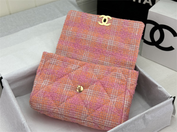 Large Chanel 19 Bag Tweed Gold Tone Pink AS1161