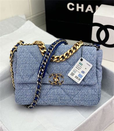 Large Chanel 19 Bag Tweed Gold Tone Blue AS1161