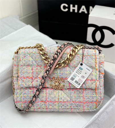 Large Chanel 19 Bag Tweed Gold Tone Multicolor AS1161