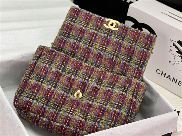 Large Chanel 19 Bag Tweed Gold Tone Multicolor AS1161