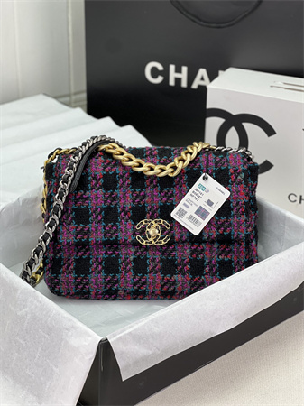Large Chanel 19 Bag Tweed Gold Tone Multicolor AS1161
