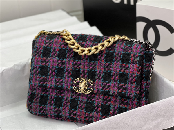 Large Chanel 19 Bag Tweed Gold Tone Multicolor AS1161