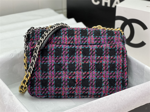 Large Chanel 19 Bag Tweed Gold Tone Multicolor AS1161