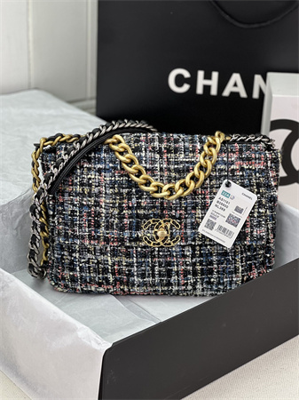 Large Chanel 19 Bag Tweed Gold Tone Multicolor AS1161