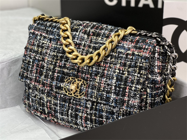 Large Chanel 19 Bag Tweed Gold Tone Multicolor AS1161