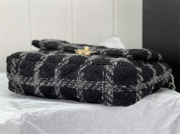 Large Chanel 19 Bag Tweed Gold Tone Black/Grey AS1161