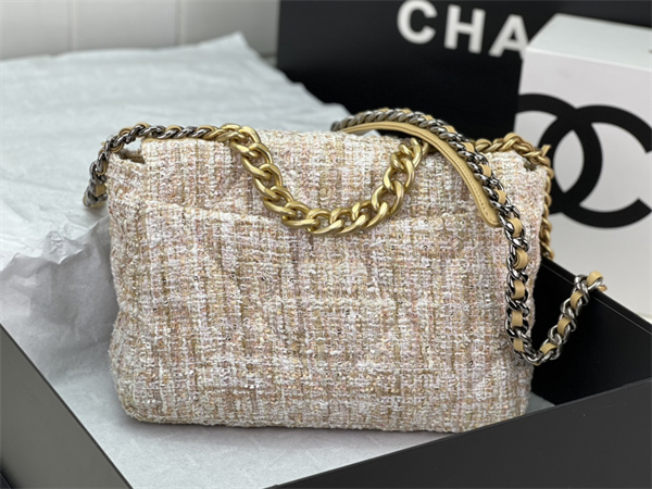 Large Chanel 19 Bag Tweed Gold Tone Beige AS1161
