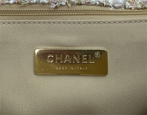 Large Chanel 19 Bag Tweed Gold Tone Beige AS1161