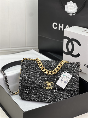 Large Chanel 19 Bag Tweed Gold Tone Black/White AS1161