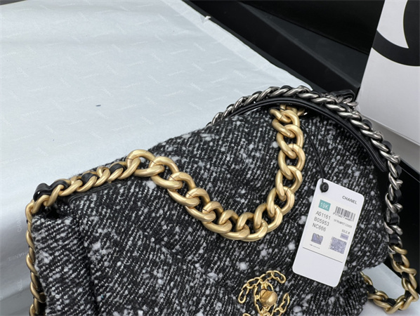 Large Chanel 19 Bag Tweed Gold Tone Black/White AS1161