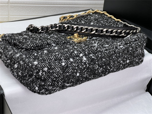 Large Chanel 19 Bag Tweed Gold Tone Black/White AS1161