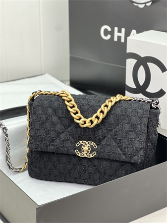 Large Chanel 19 Bag Tweed Gold Tone Black AS1161