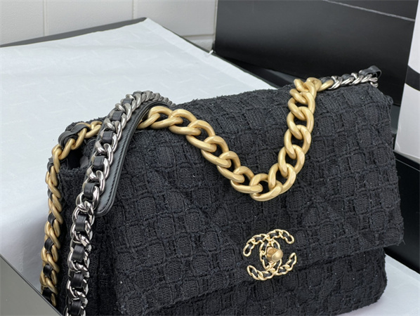 Large Chanel 19 Bag Tweed Gold Tone Black AS1161