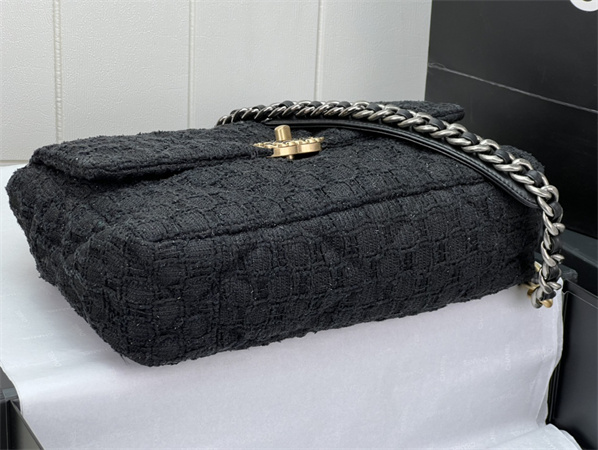 Large Chanel 19 Bag Tweed Gold Tone Black AS1161