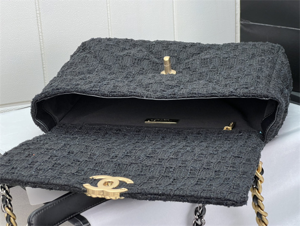 Large Chanel 19 Bag Tweed Gold Tone Black AS1161