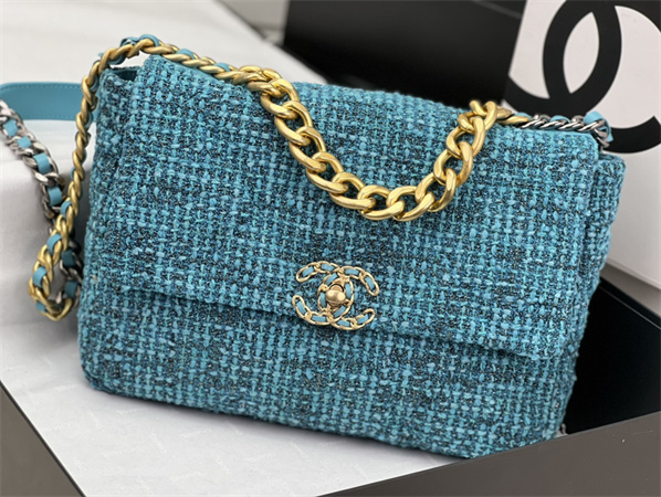 Large Chanel 19 Bag Tweed Gold Tone Blue AS1161