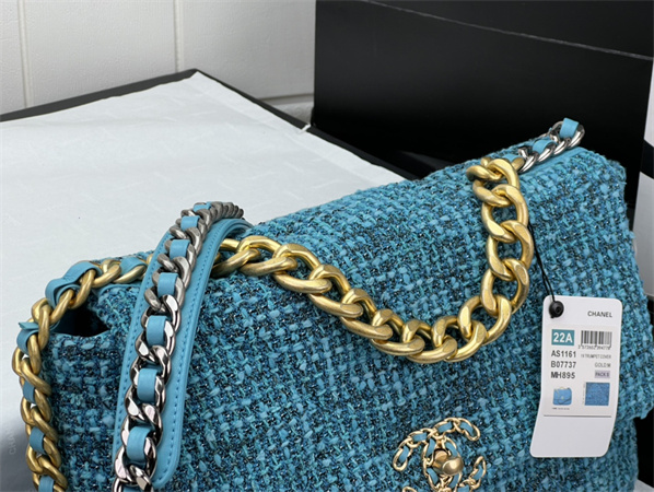 Large Chanel 19 Bag Tweed Gold Tone Blue AS1161