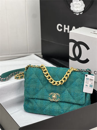 Large Chanel 19 Bag Tweed Gold Tone Green AS1161