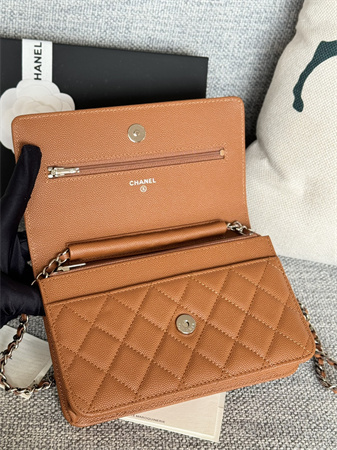 Chanel Wallet On Chain Grained Calfskin Silver Tone Metal Brown AP0250