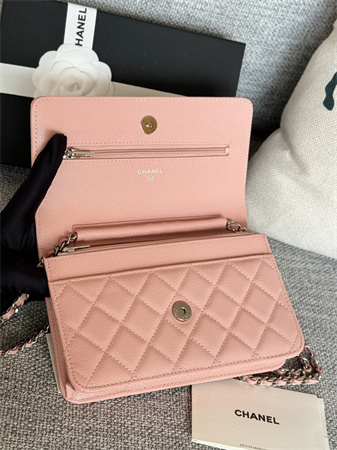 Chanel Wallet On Chain Grained Calfskin Silver Tone Metal Pink AP0250