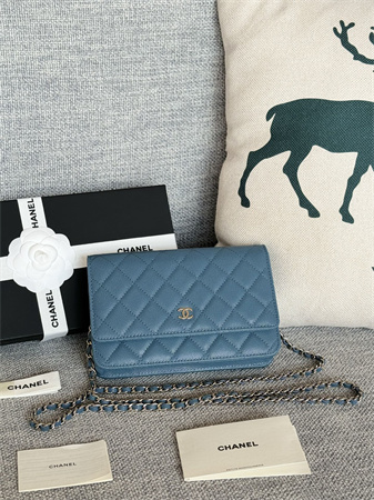 Chanel Wallet On Chain Grained Calfskin Silver Tone Metal Blue AP0250