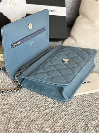 Chanel Wallet On Chain Grained Calfskin Silver Tone Metal Blue AP0250
