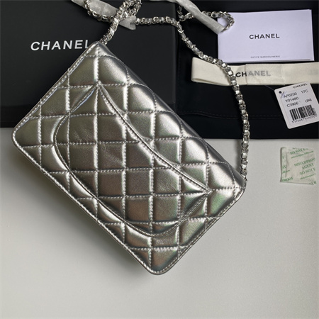 Chanel Wallet On Chain Lambskin Silver Tone Metal Silver AP0250